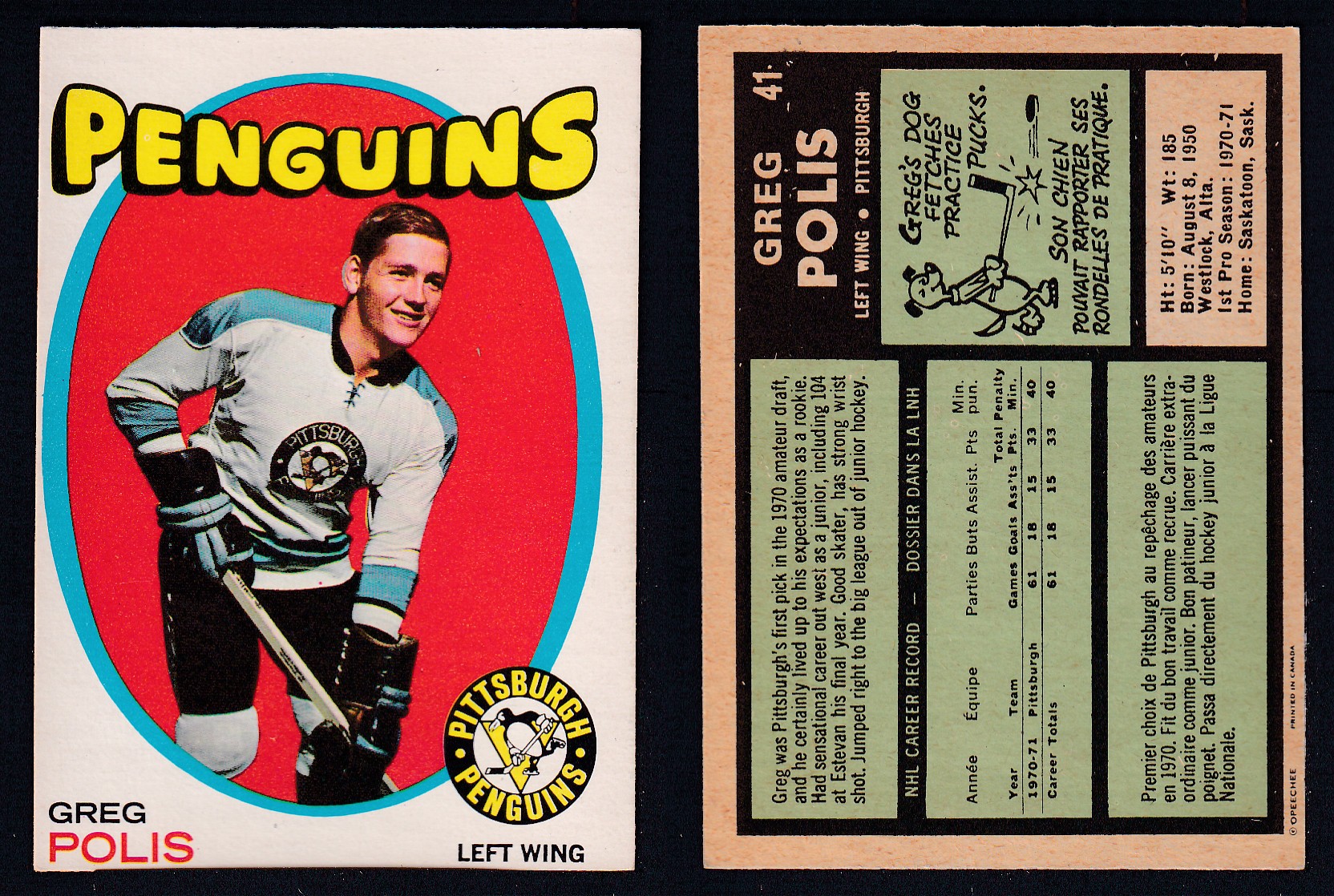 1971-72 O-PEE-CHEE HOCKEY CARD #41 G. POLIS photo 1971-72 O-PEE-CHEE HOCKEY CARD #41 G. POLIS photo