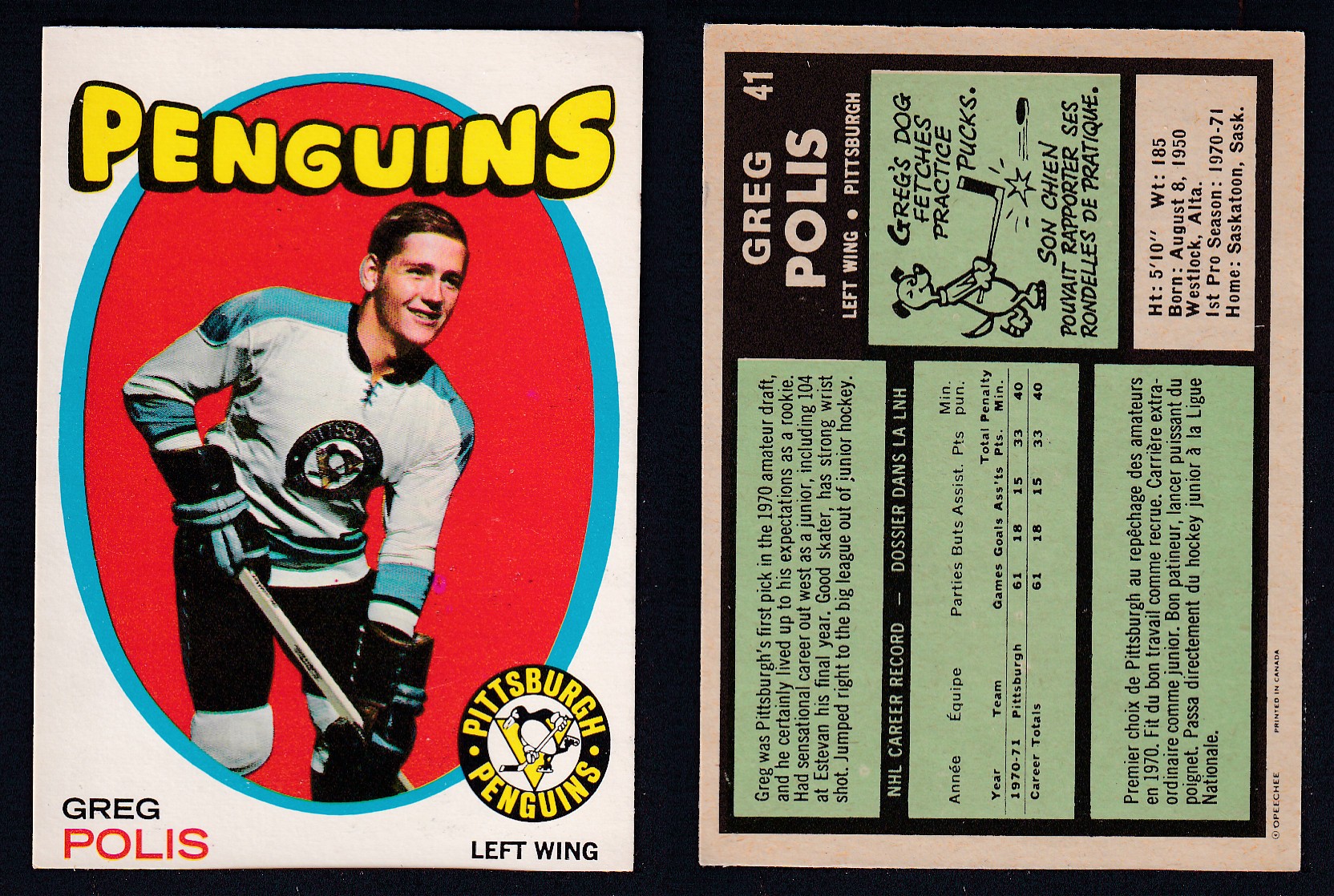1971-72 O-PEE-CHEE HOCKEY CARD #41 G. POLIS photo 1971-72 O-PEE-CHEE HOCKEY CARD #41 G. POLIS photo
