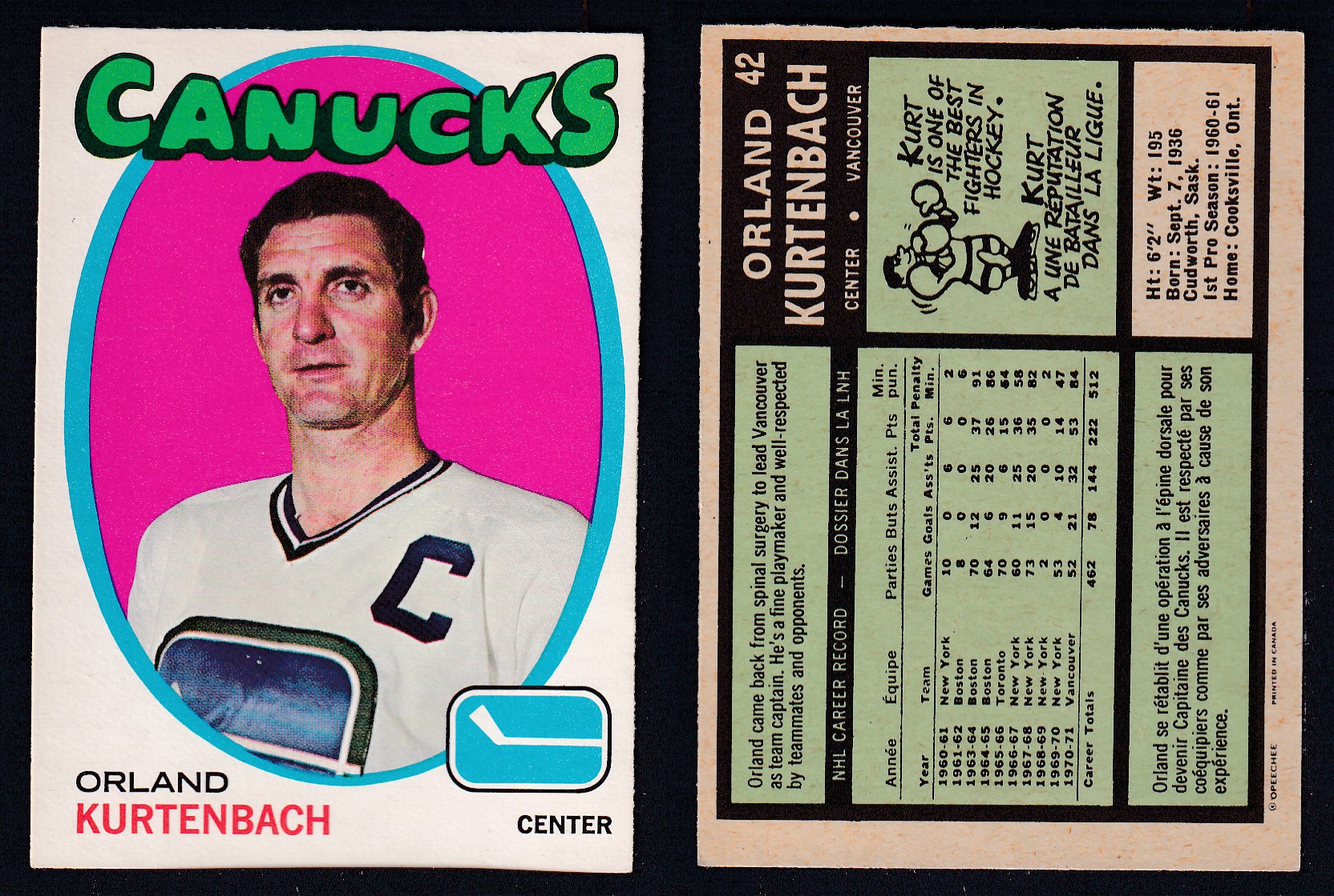 1971-72 O-PEE-CHEE HOCKEY CARD #42 O. KURTENBACH photo 1971-72 O-PEE-CHEE HOCKEY CARD #42 O. KURTENBACH photo