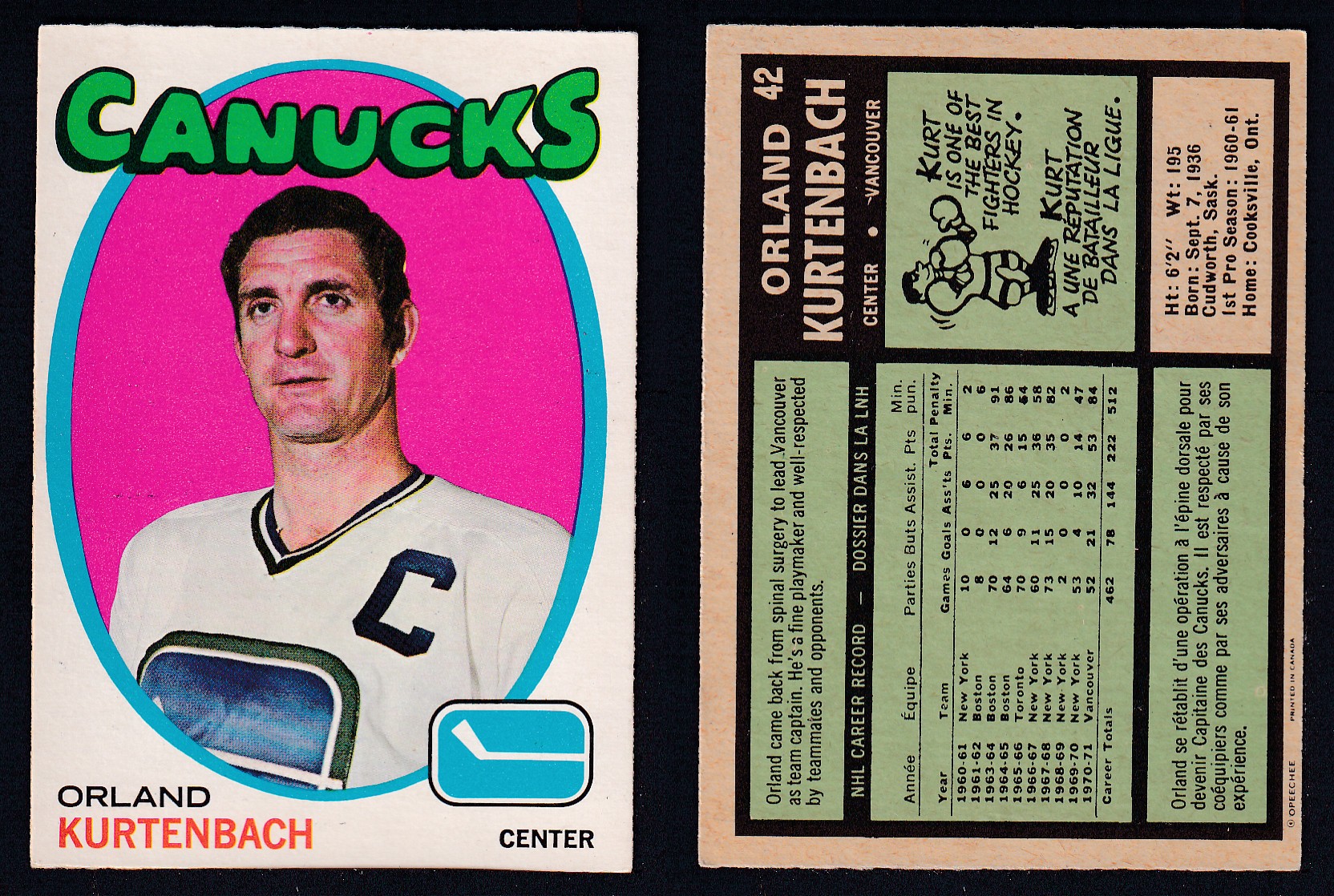 1971-72 O-PEE-CHEE HOCKEY CARD #42 O. KURTENBACH photo 1971-72 O-PEE-CHEE HOCKEY CARD #42 O. KURTENBACH photo