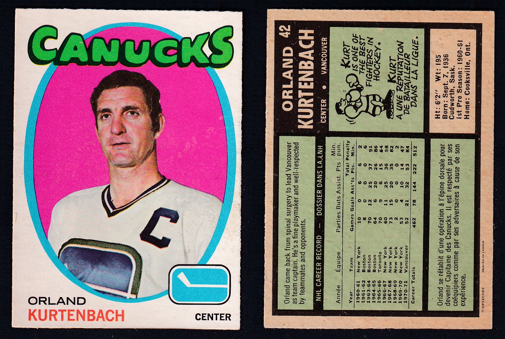 1971-72 O-PEE-CHEE HOCKEY CARD #42 O. KURTENBACH photo 1971-72 O-PEE-CHEE HOCKEY CARD #42 O. KURTENBACH photo