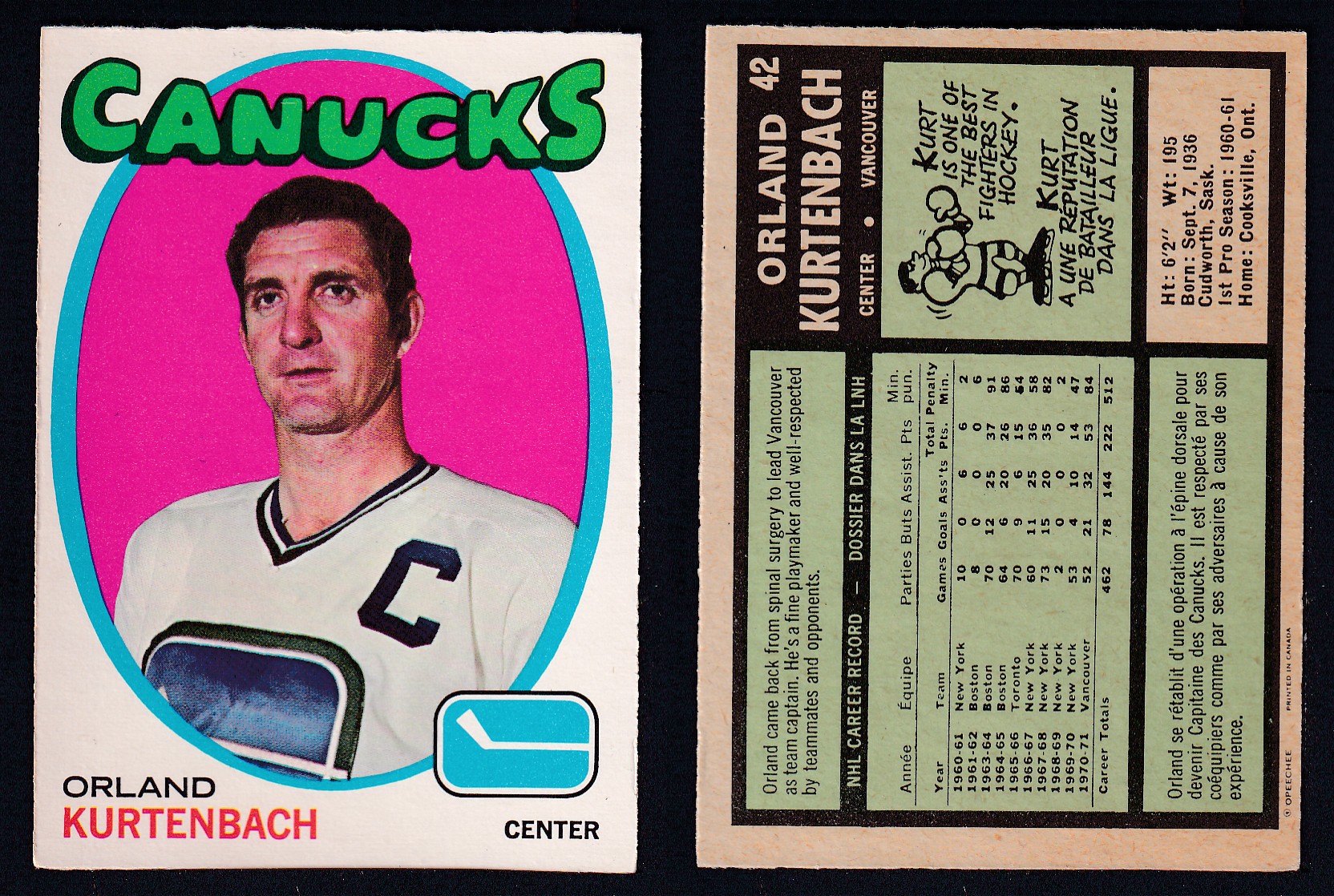 1971-72 O-PEE-CHEE HOCKEY CARD #42 O. KURTENBACH photo 1971-72 O-PEE-CHEE HOCKEY CARD #42 O. KURTENBACH photo