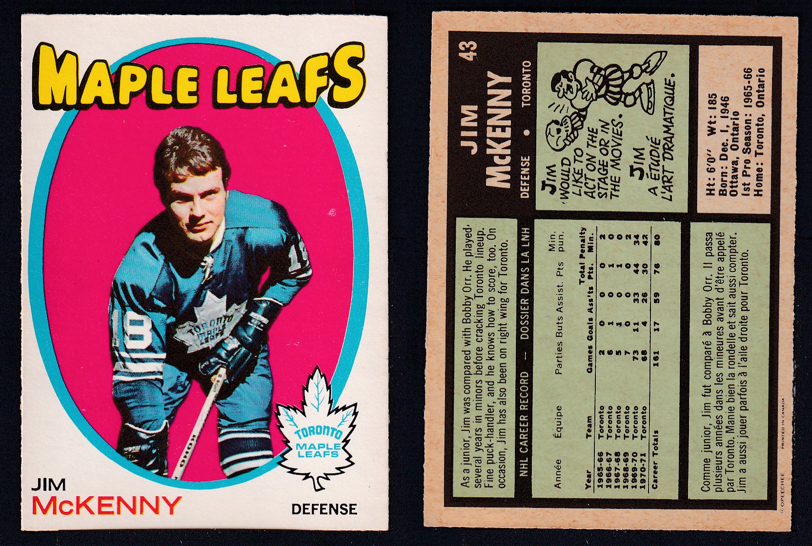 1971-72 O-PEE-CHEE HOCKEY CARD #43 J. McKENNY photo 1971-72 O-PEE-CHEE HOCKEY CARD #43 J. McKENNY photo