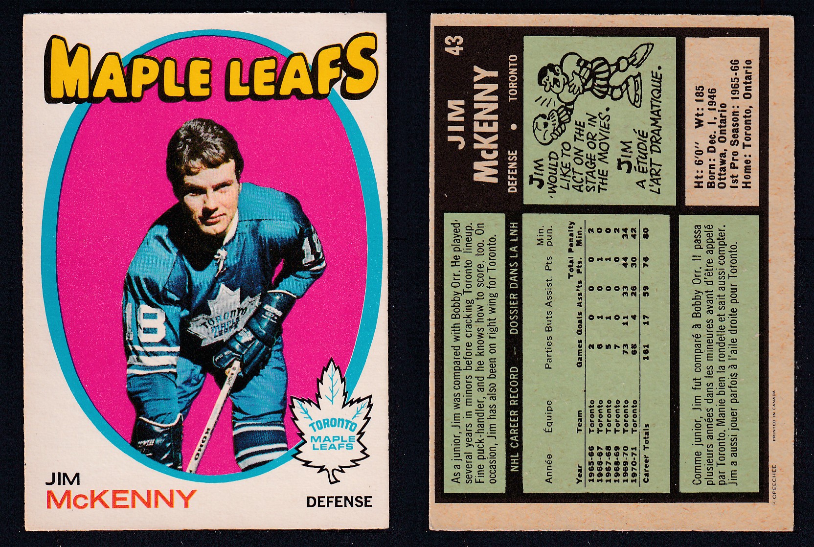 1971-72 O-PEE-CHEE HOCKEY CARD #43 J. McKENNY photo 1971-72 O-PEE-CHEE HOCKEY CARD #43 J. McKENNY photo
