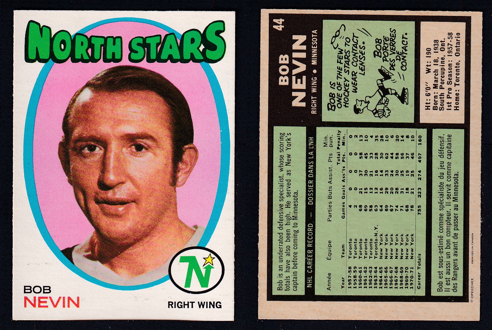 1971-72 O-PEE-CHEE HOCKEY CARD #44 B. NEVIN photo 1971-72 O-PEE-CHEE HOCKEY CARD #44 B. NEVIN photo