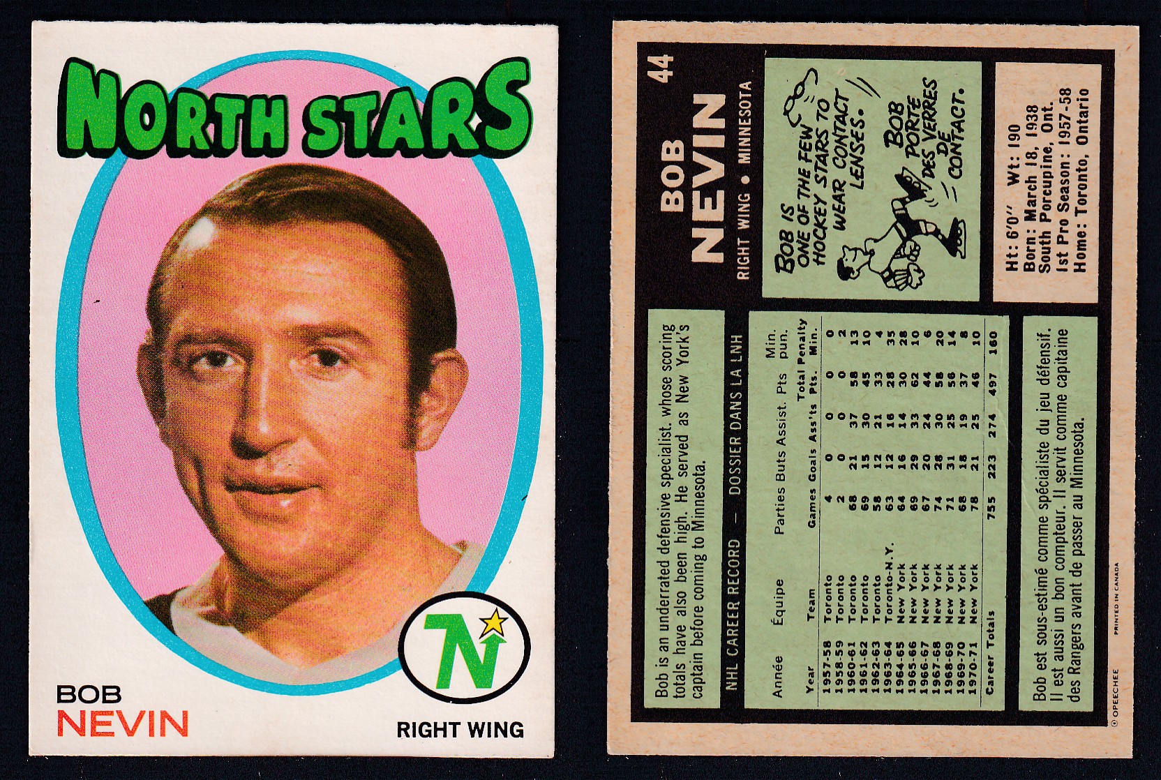 1971-72 O-PEE-CHEE HOCKEY CARD #44 B. NEVIN photo 1971-72 O-PEE-CHEE HOCKEY CARD #44 B. NEVIN photo