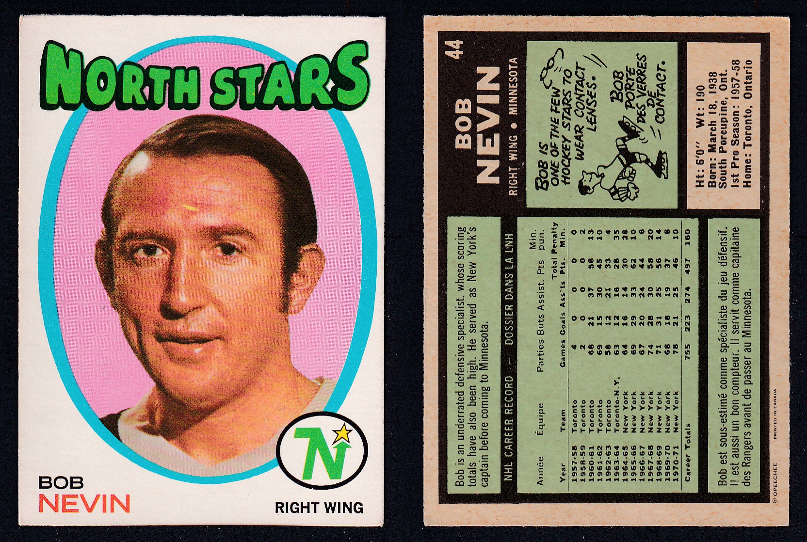 1971-72 O-PEE-CHEE HOCKEY CARD #44 B. NEVIN photo 1971-72 O-PEE-CHEE HOCKEY CARD #44 B. NEVIN photo