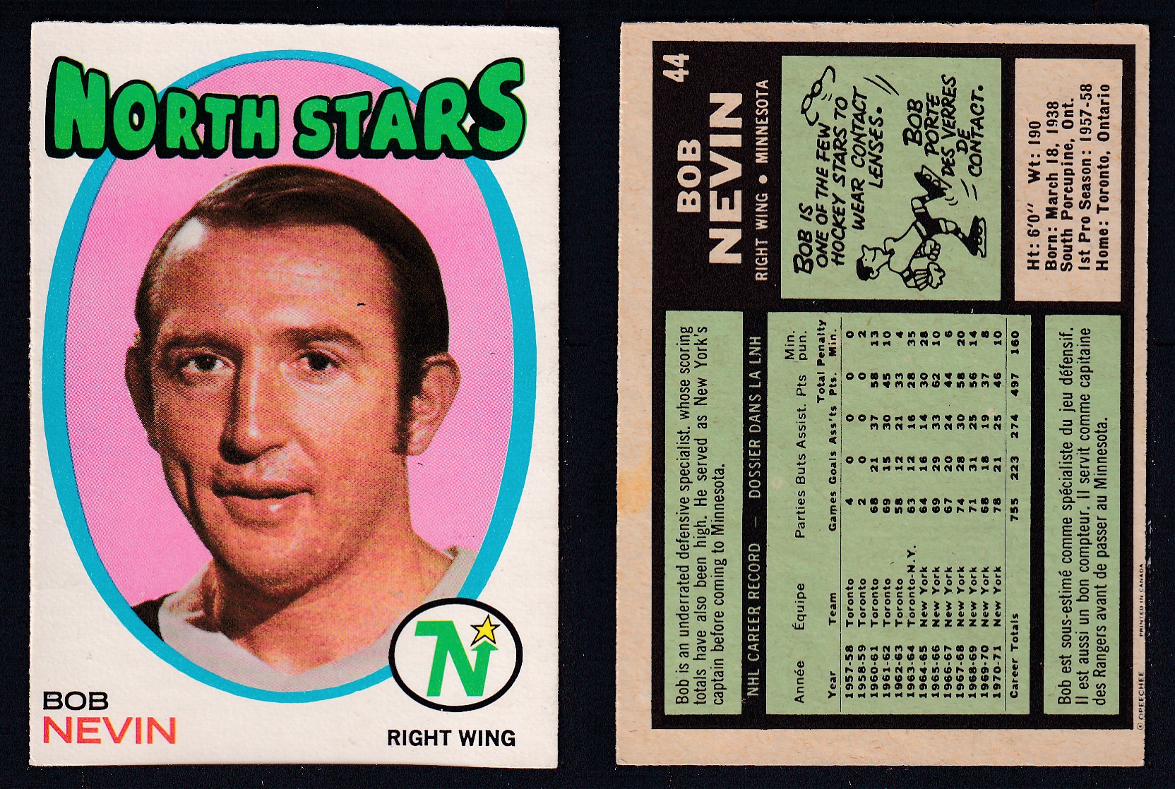 1971-72 O-PEE-CHEE HOCKEY CARD #44 B. NEVIN photo 1971-72 O-PEE-CHEE HOCKEY CARD #44 B. NEVIN photo