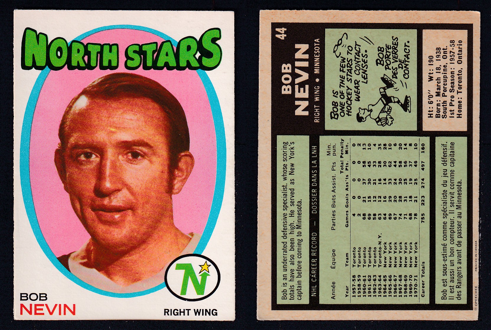1971-72 O-PEE-CHEE HOCKEY CARD #44 B. NEVIN photo 1971-72 O-PEE-CHEE HOCKEY CARD #44 B. NEVIN photo