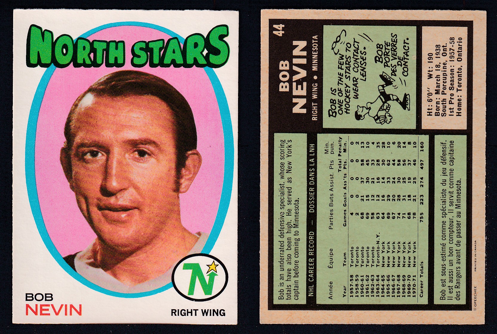 1971-72 O-PEE-CHEE HOCKEY CARD #44 B. NEVIN photo 1971-72 O-PEE-CHEE HOCKEY CARD #44 B. NEVIN photo