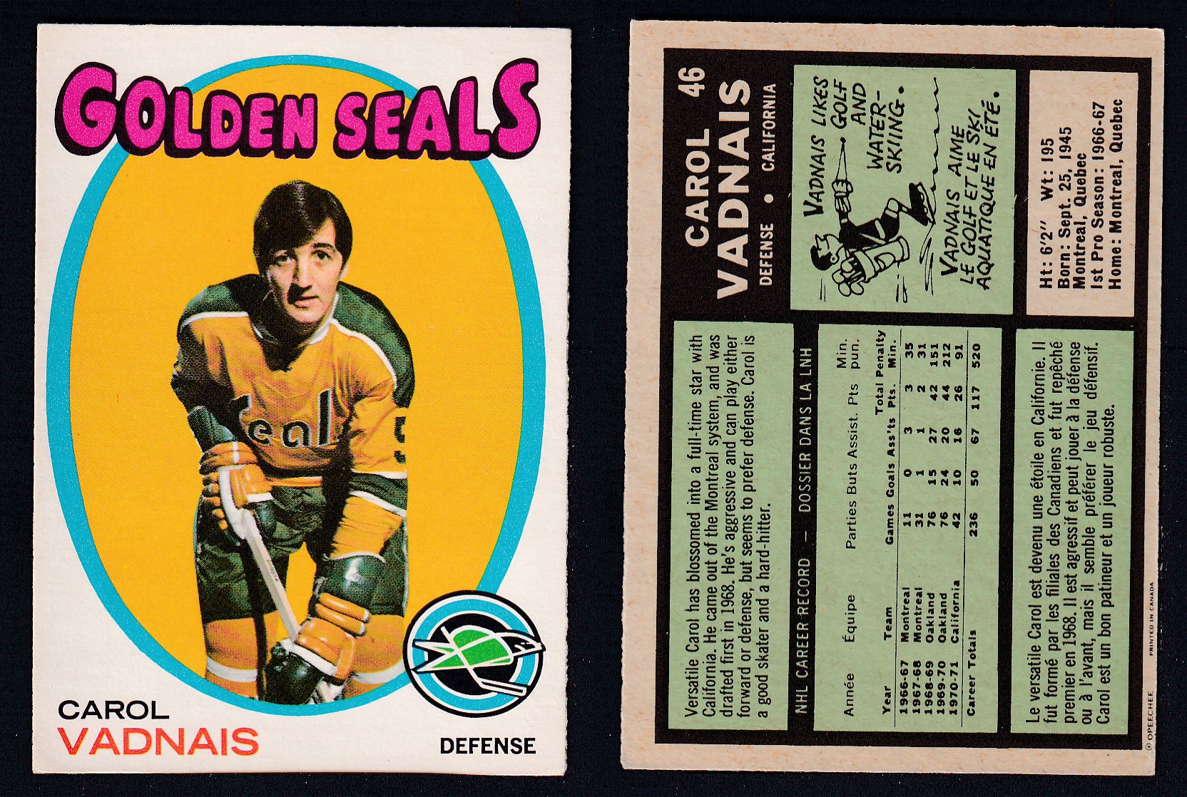 1971-72 O-PEE-CHEE HOCKEY CARD #46 C. VADNAIS photo 1971-72 O-PEE-CHEE HOCKEY CARD #46 C. VADNAIS photo