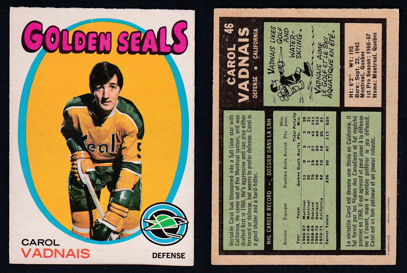 1971-72 O-PEE-CHEE HOCKEY CARD #46 C. VADNAIS photo 1971-72 O-PEE-CHEE HOCKEY CARD #46 C. VADNAIS photo