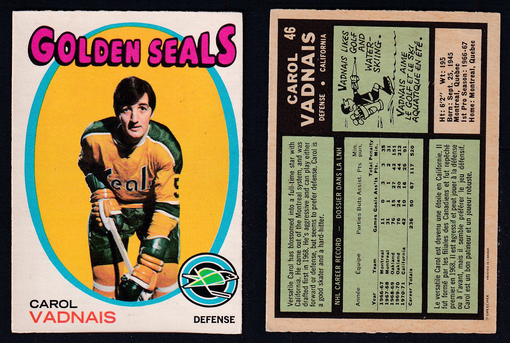 1971-72 O-PEE-CHEE HOCKEY CARD #46 C. VADNAIS photo 1971-72 O-PEE-CHEE HOCKEY CARD #46 C. VADNAIS photo