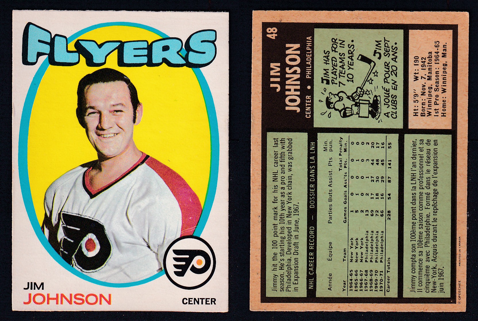 1971-72 O-PEE-CHEE HOCKEY CARD #48 J. JOHNSON photo 1971-72 O-PEE-CHEE HOCKEY CARD #48 J. JOHNSON photo