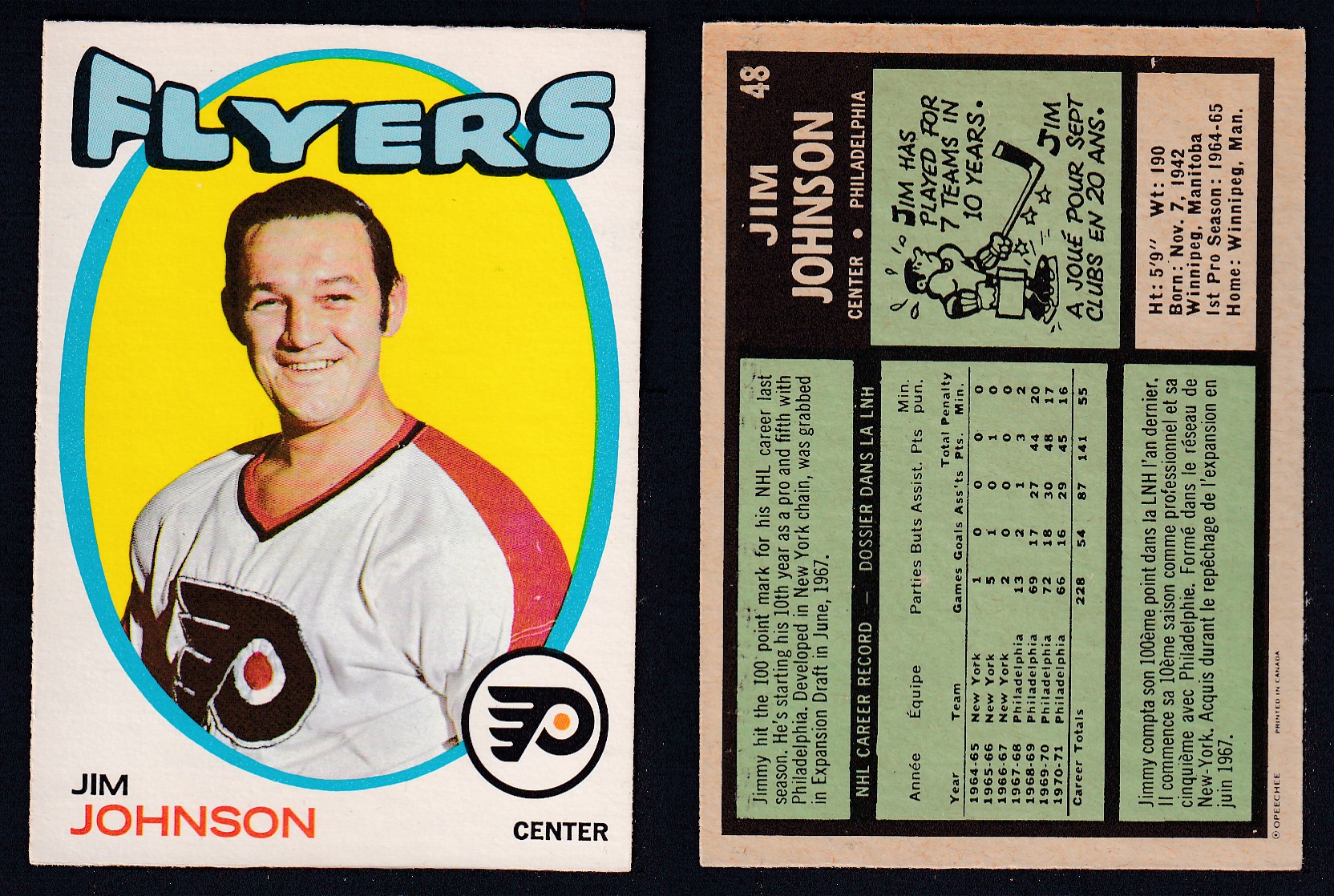 1971-72 O-PEE-CHEE HOCKEY CARD #48 J. JOHNSON photo