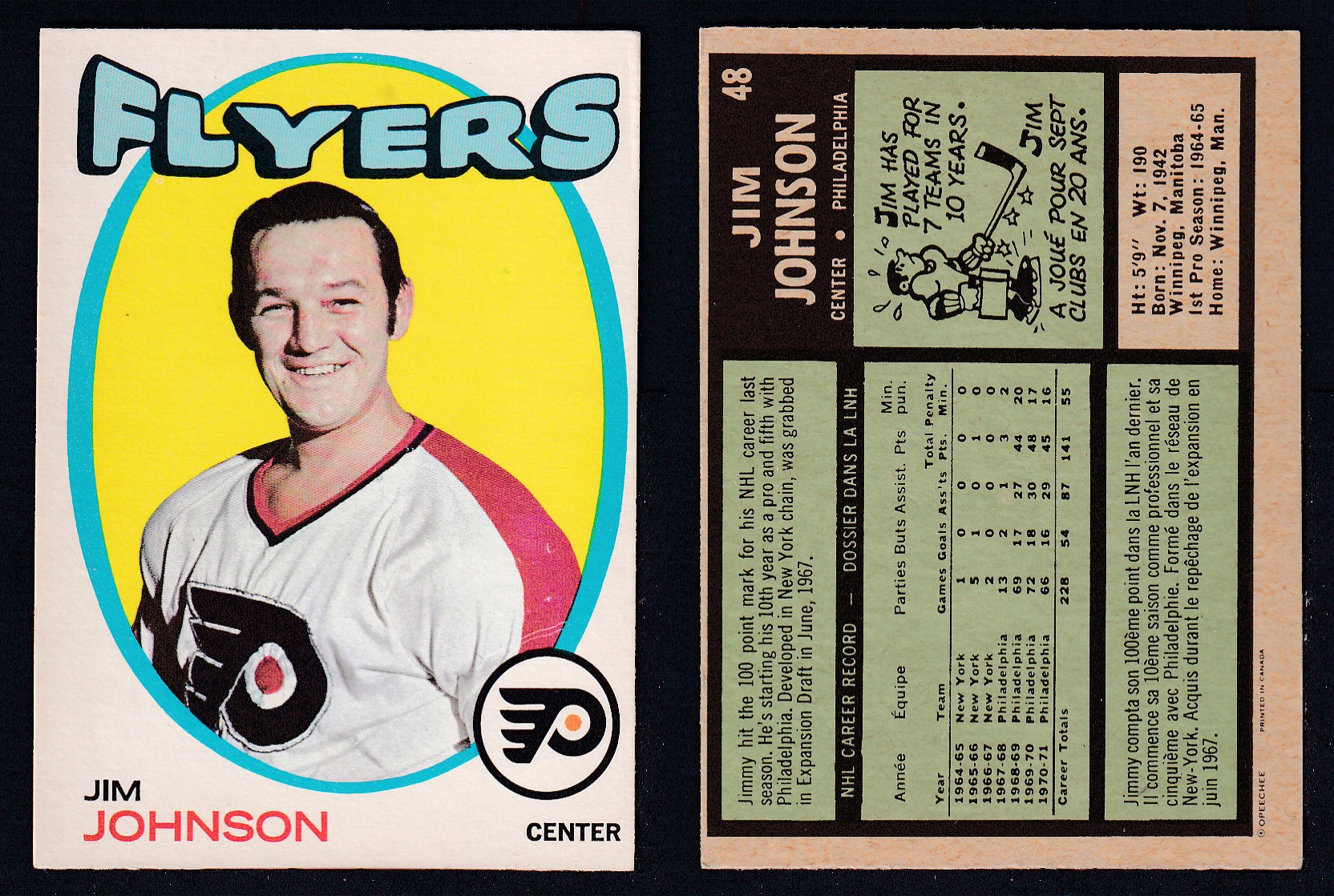 1971-72 O-PEE-CHEE HOCKEY CARD #48 J. JOHNSON photo 1971-72 O-PEE-CHEE HOCKEY CARD #48 J. JOHNSON photo