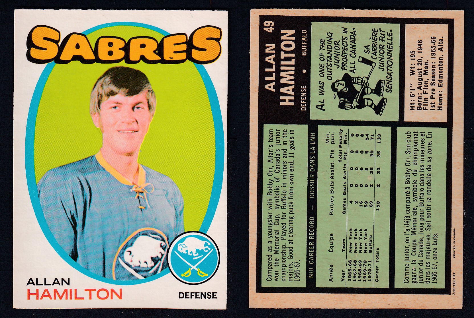 1971-72 O-PEE-CHEE HOCKEY CARD #49 A. HAMILTON photo 1971-72 O-PEE-CHEE HOCKEY CARD #49 A. HAMILTON photo