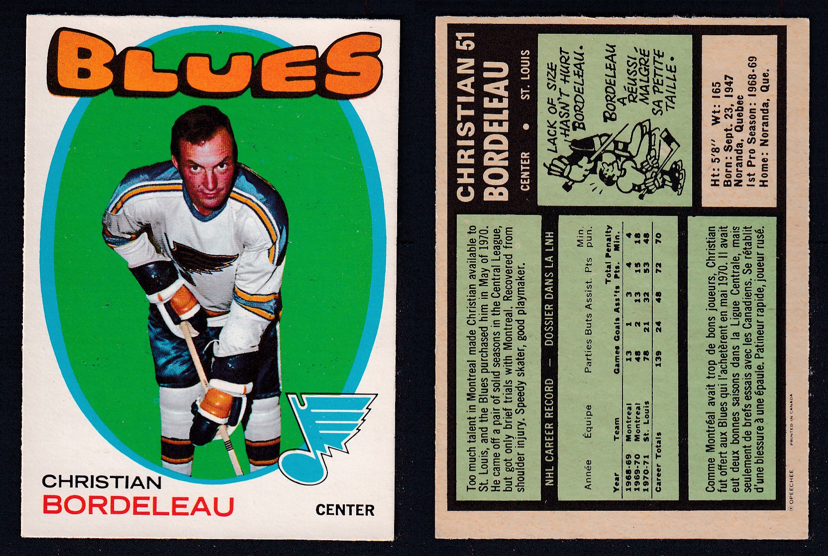 1971-72 O-PEE-CHEE HOCKEY CARD #51 C. BORDELEAU photo 1971-72 O-PEE-CHEE HOCKEY CARD #51 C. BORDELEAU photo