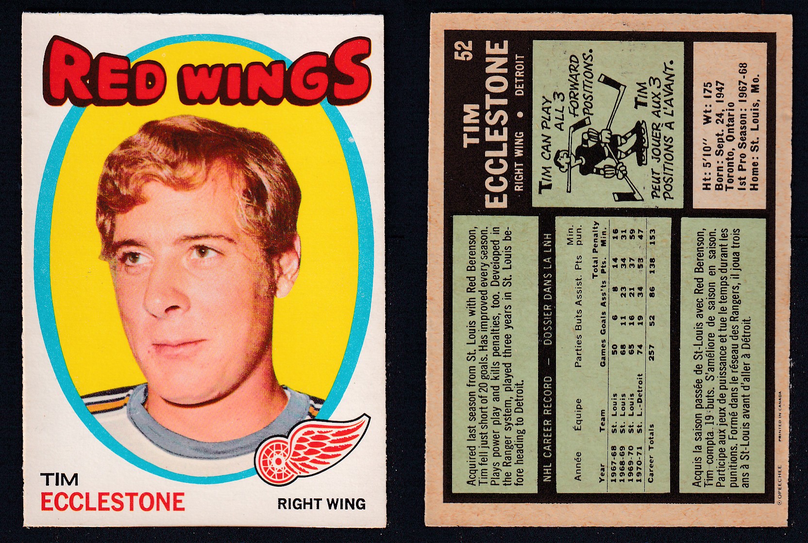1971-72 O-PEE-CHEE HOCKEY CARD #52 T. ECCLESTONE photo