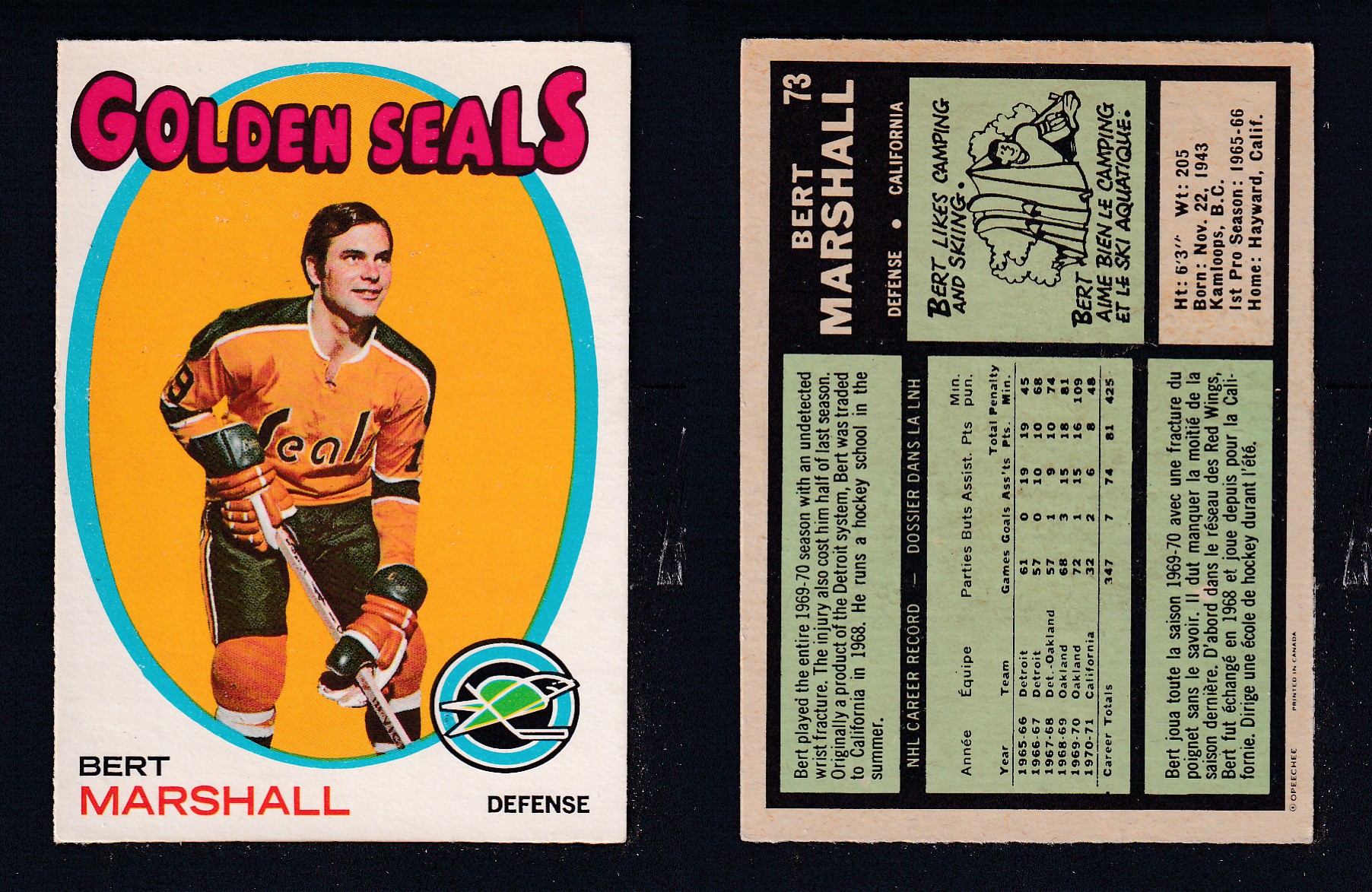 1971-72 O-PEE-CHEE HOCKEY CARD #73 B. MARSHALL photo 1971-72 O-PEE-CHEE HOCKEY CARD #73 B. MARSHALL photo