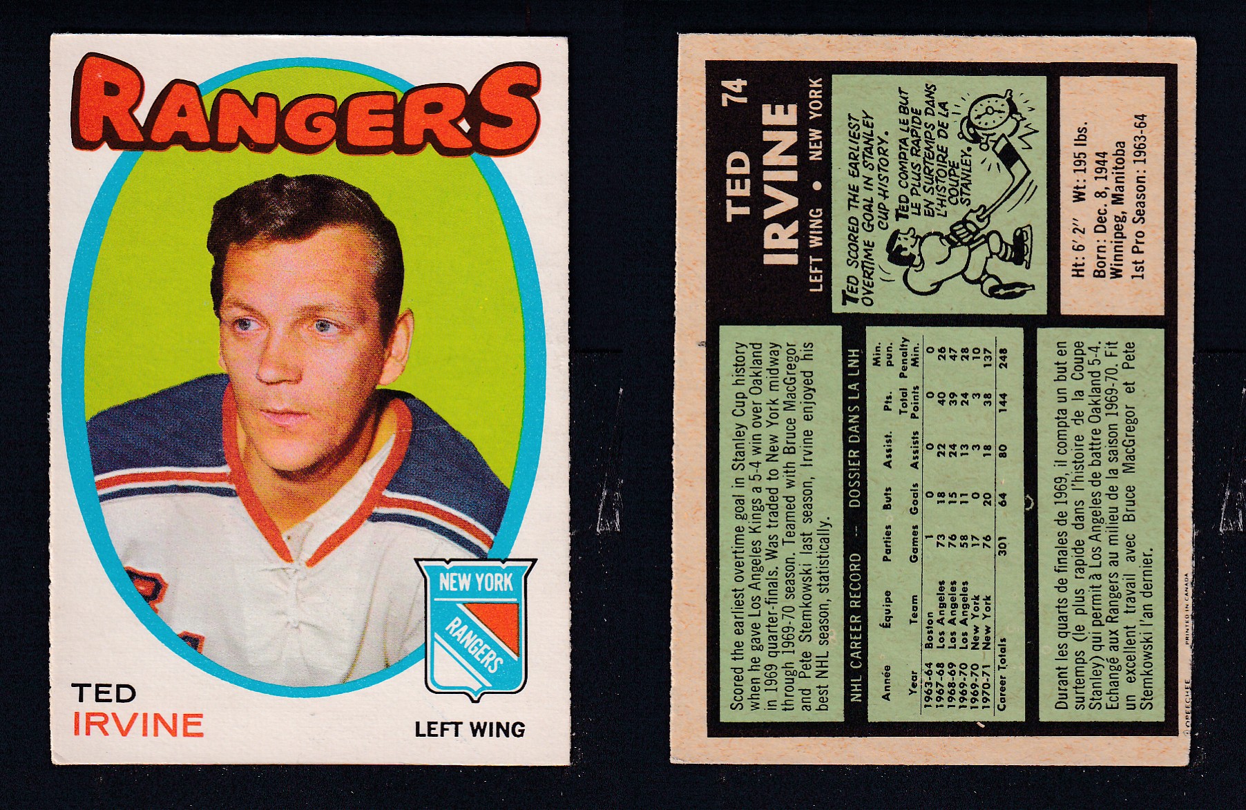 1971-72 O-PEE-CHEE HOCKEY CARD #74 T. IRVINE photo 1971-72 O-PEE-CHEE HOCKEY CARD #74 T. IRVINE photo