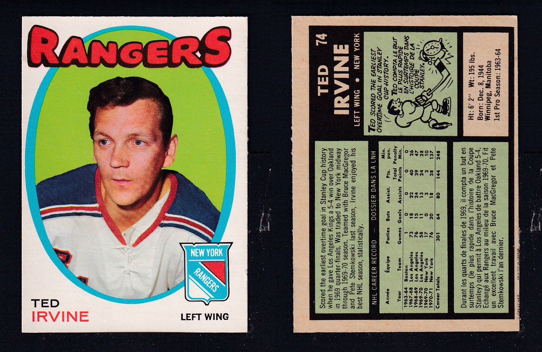 1971-72 O-PEE-CHEE HOCKEY CARD #74 T. IRVINE photo 1971-72 O-PEE-CHEE HOCKEY CARD #74 T. IRVINE photo