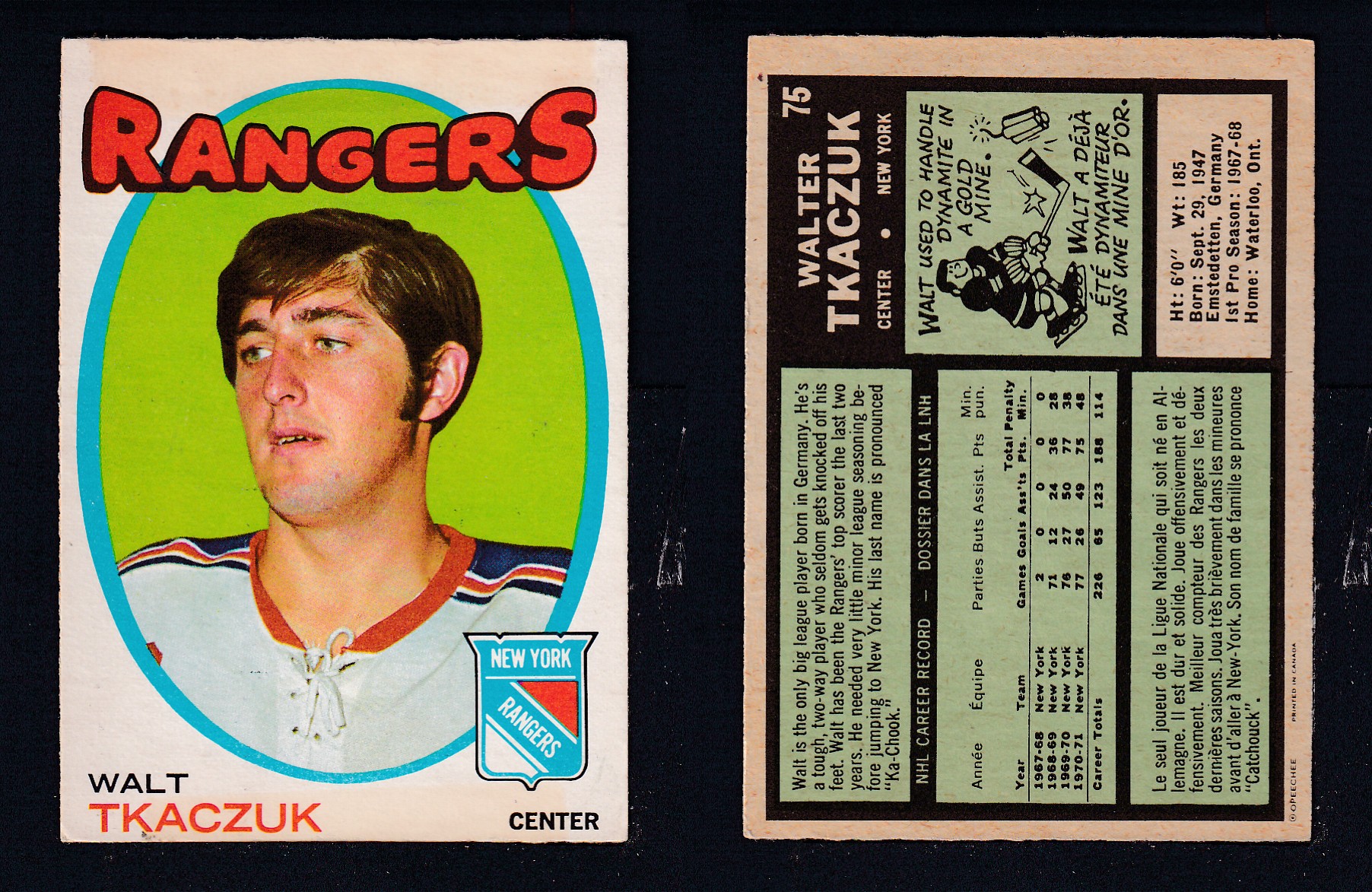 1971-72 O-PEE-CHEE HOCKEY CARD #75 W. TKACZUK photo 1971-72 O-PEE-CHEE HOCKEY CARD #75 W. TKACZUK photo