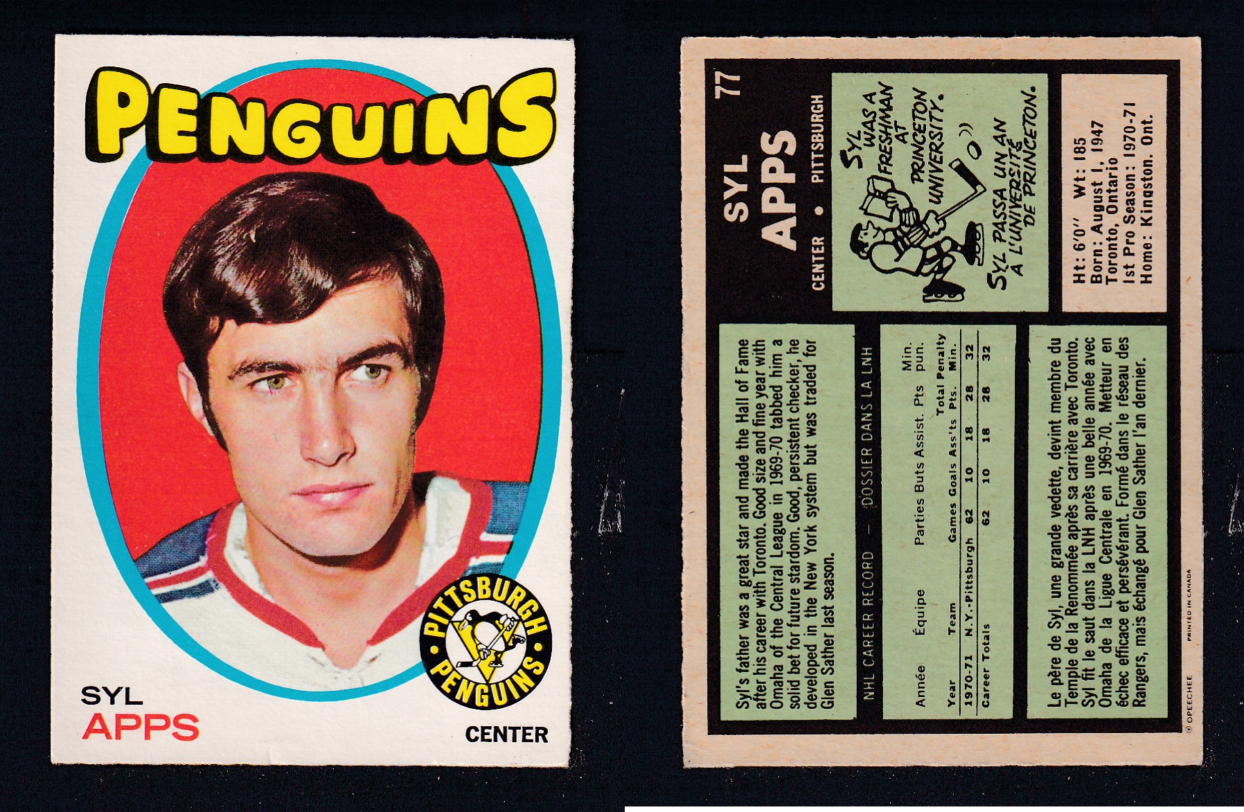 1971-72 O-PEE-CHEE HOCKEY CARD #77 S. APPS photo 1971-72 O-PEE-CHEE HOCKEY CARD #77 S. APPS photo