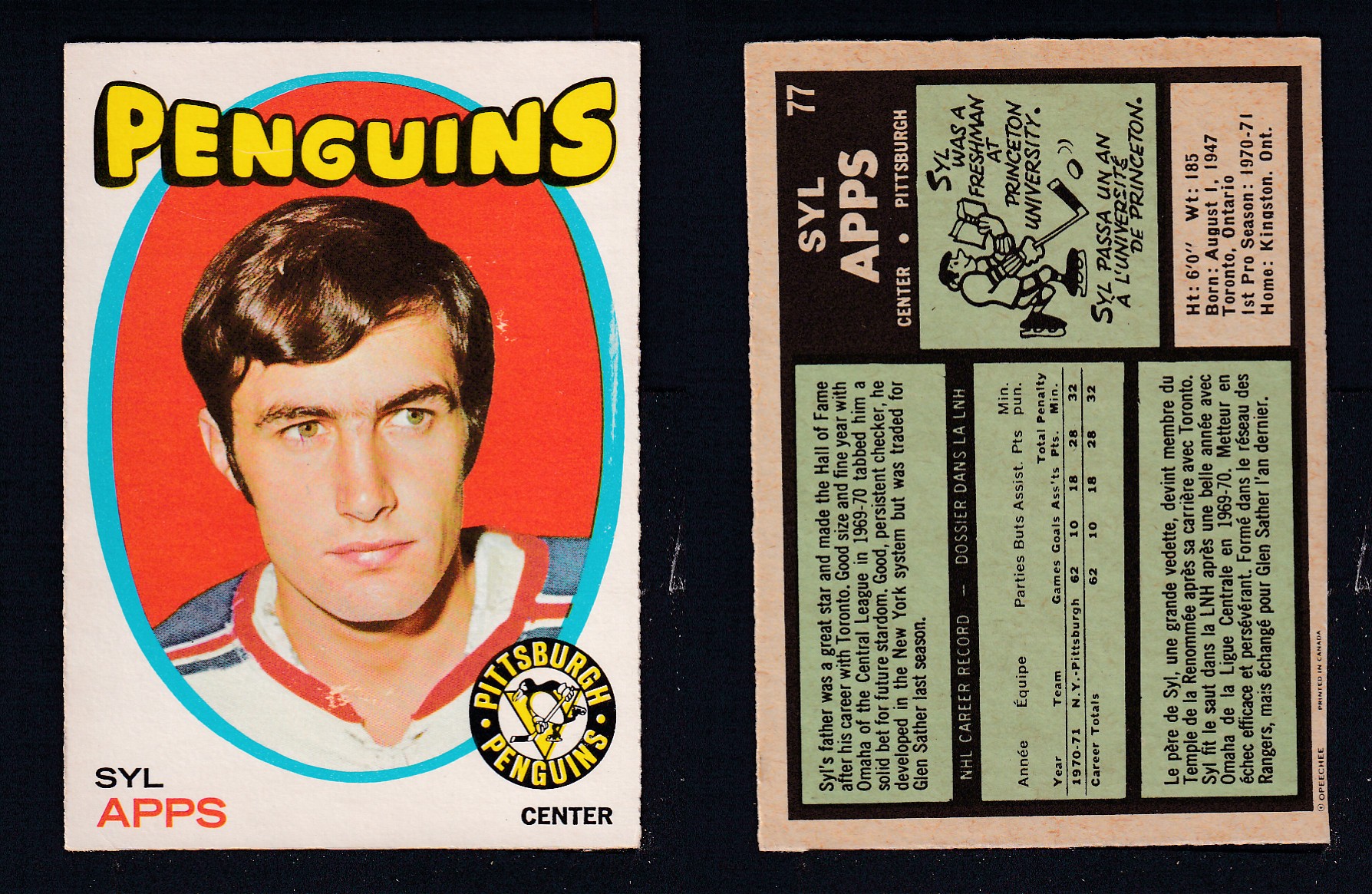 1971-72 O-PEE-CHEE HOCKEY CARD #77 S. APPS photo 1971-72 O-PEE-CHEE HOCKEY CARD #77 S. APPS photo