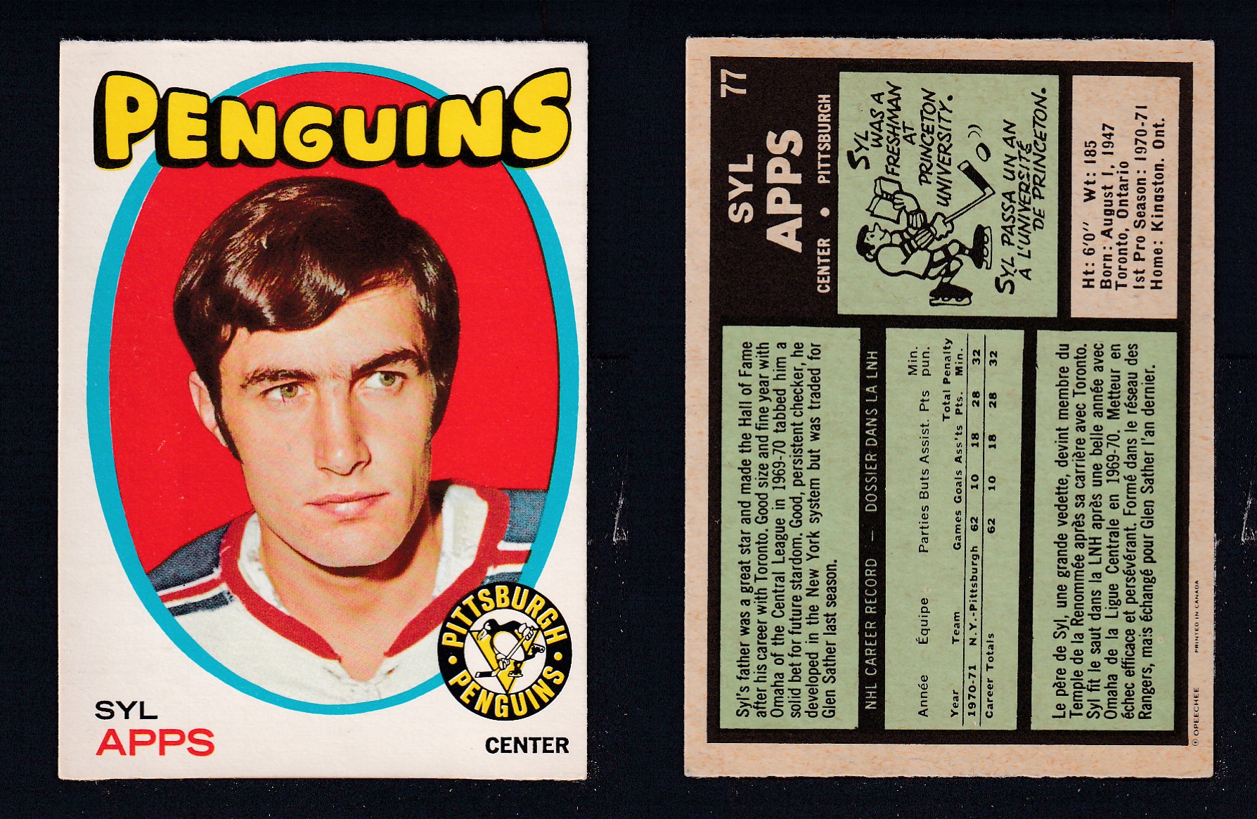 1971-72 O-PEE-CHEE HOCKEY CARD #77 S. APPS photo 1971-72 O-PEE-CHEE HOCKEY CARD #77 S. APPS photo