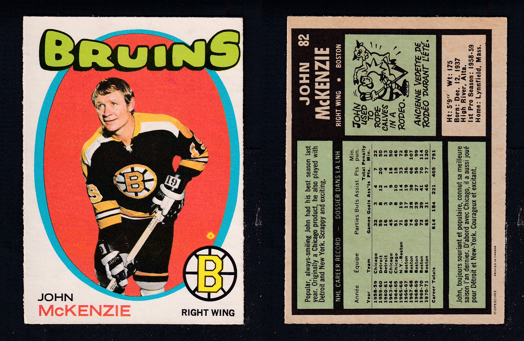 1971-72 O-PEE-CHEE HOCKEY CARD #82 J. McKENZIE photo 1971-72 O-PEE-CHEE HOCKEY CARD #82 J. McKENZIE photo