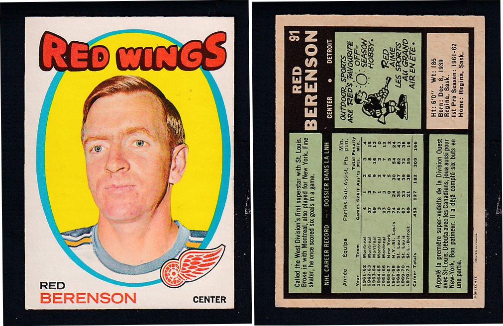 1971-72 O-PEE-CHEE HOCKEY CARD #91 R. BERENSON photo 1971-72 O-PEE-CHEE HOCKEY CARD #91 R. BERENSON photo