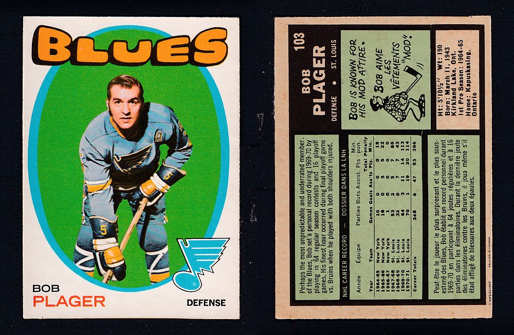 1971-72 O-PEE-CHEE HOCKEY CARD #103 B. PLAGER photo 1971-72 O-PEE-CHEE HOCKEY CARD #103 B. PLAGER photo