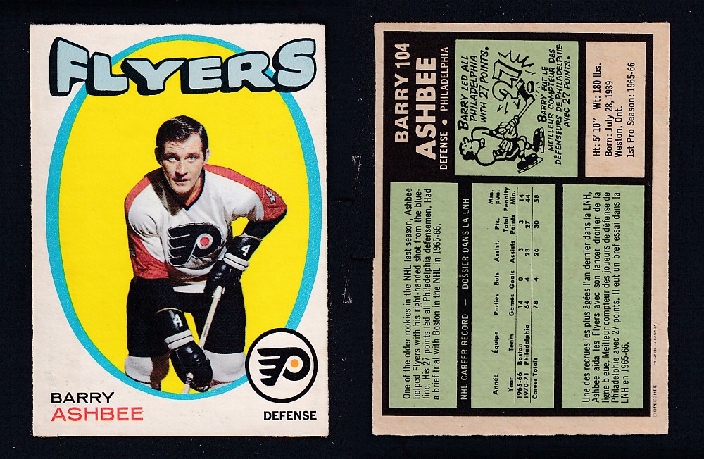 1971-72 O-PEE-CHEE HOCKEY CARD #104 B. ASHBEE photo 1971-72 O-PEE-CHEE HOCKEY CARD #104 B. ASHBEE photo