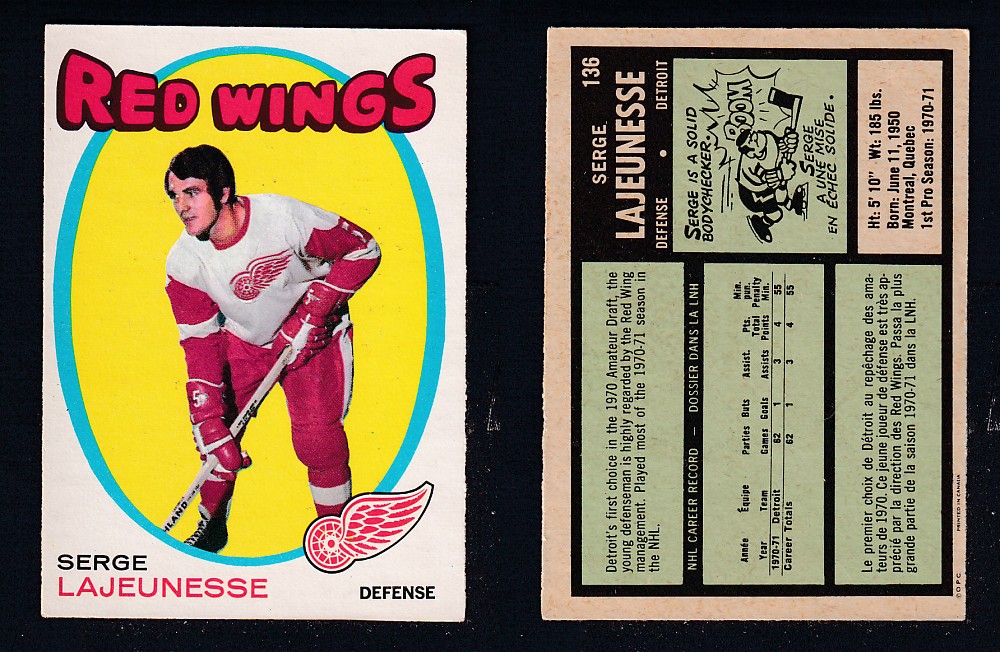 1971-72 O-PEE-CHEE HOCKEY CARD #136 S. LAJEUNESSE photo 1971-72 O-PEE-CHEE HOCKEY CARD #136 S. LAJEUNESSE photo
