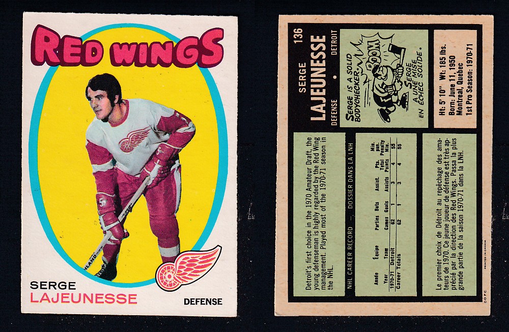 1971-72 O-PEE-CHEE HOCKEY CARD #136 S. LAJEUNESSE photo 1971-72 O-PEE-CHEE HOCKEY CARD #136 S. LAJEUNESSE photo