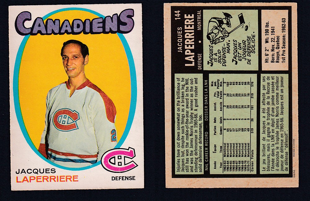 1971-72 O-PEE-CHEE HOCKEY CARD #144 J.LAPERRIERE photo 1971-72 O-PEE-CHEE HOCKEY CARD #144 J.LAPERRIERE photo