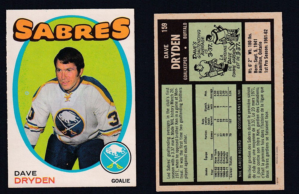 1971-72 O-PEE-CHEE HOCKEY CARD #159 D. DRYDEN photo 1971-72 O-PEE-CHEE HOCKEY CARD #159 D. DRYDEN photo