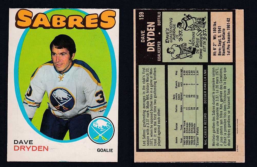 1971-72 O-PEE-CHEE HOCKEY CARD #159 D. DRYDEN photo 1971-72 O-PEE-CHEE HOCKEY CARD #159 D. DRYDEN photo