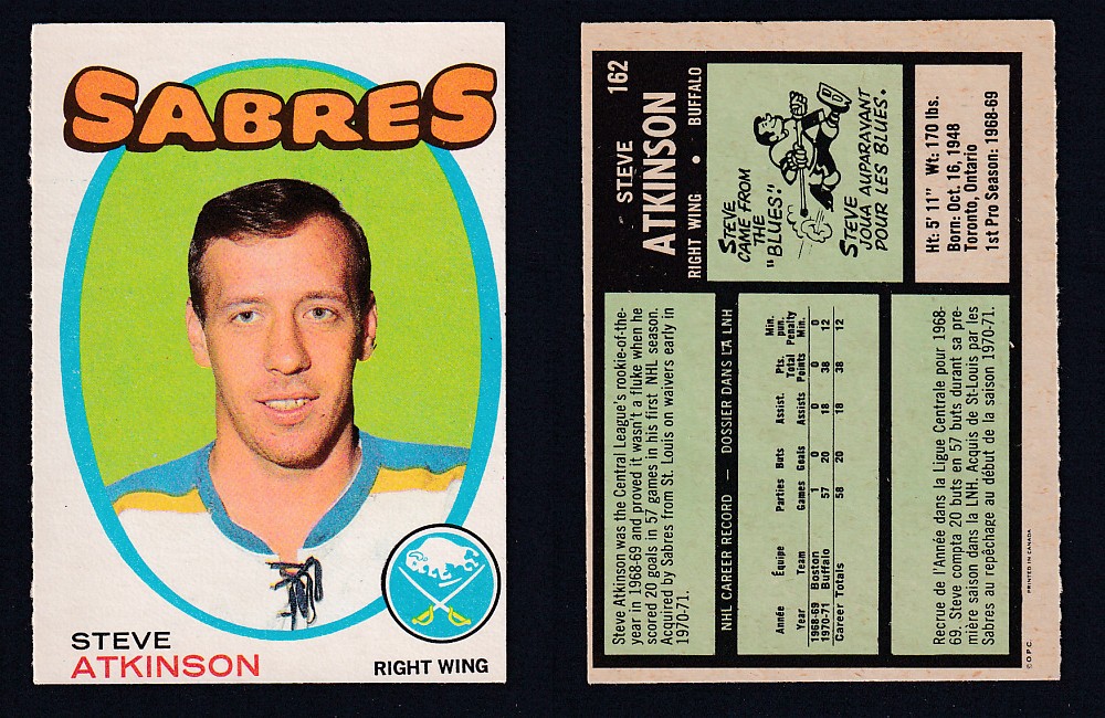 1971-72 O-PEE-CHEE HOCKEY CARD #162 S. ATKINSON photo 1971-72 O-PEE-CHEE HOCKEY CARD #162 S. ATKINSON photo