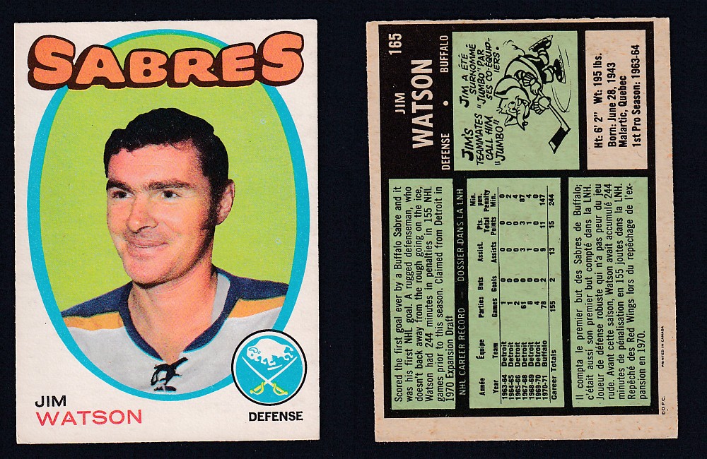 1971-72 O-PEE-CHEE HOCKEY CARD #165 J. WATSON photo 1971-72 O-PEE-CHEE HOCKEY CARD #165 J. WATSON photo