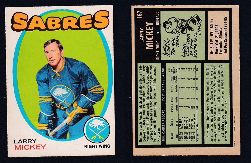 1971-72 O-PEE-CHEE HOCKEY CARD #167 L. MICKEY photo 1971-72 O-PEE-CHEE HOCKEY CARD #167 L. MICKEY photo