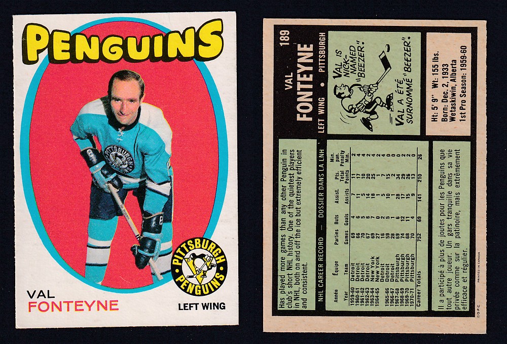 1971-72 O-PEE-CHEE HOCKEY CARD #189 V. FONTEYNE photo 1971-72 O-PEE-CHEE HOCKEY CARD #189 V. FONTEYNE photo
