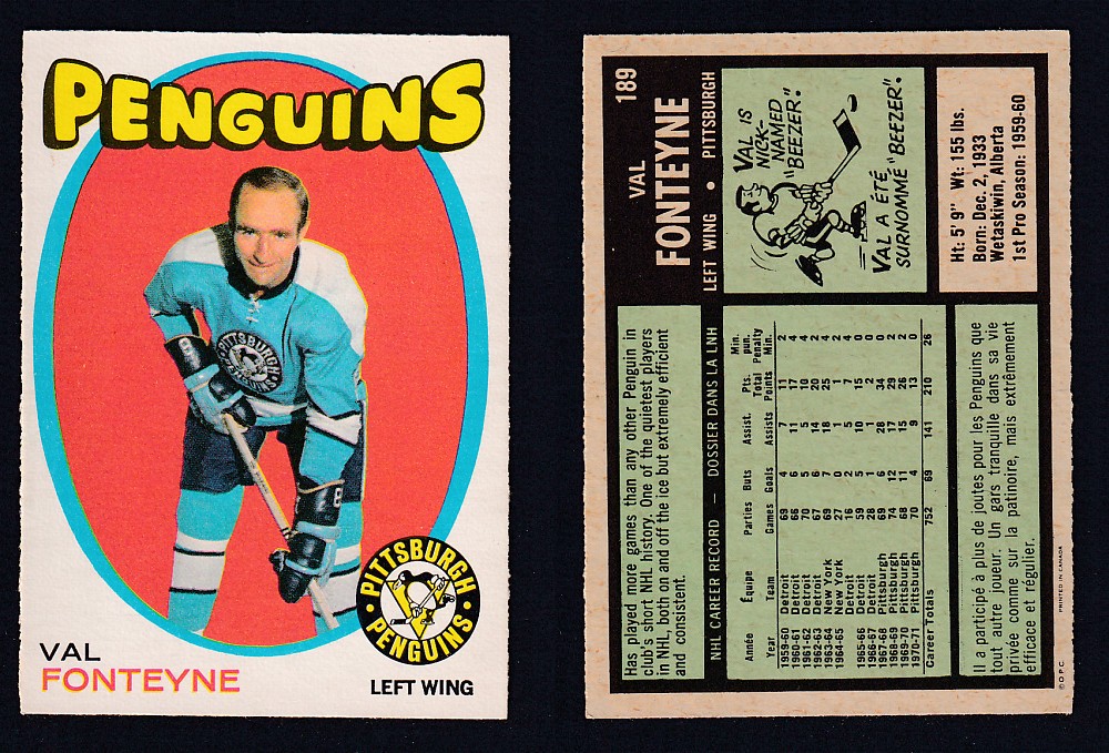 1971-72 O-PEE-CHEE HOCKEY CARD #189 V. FONTEYNE photo 1971-72 O-PEE-CHEE HOCKEY CARD #189 V. FONTEYNE photo
