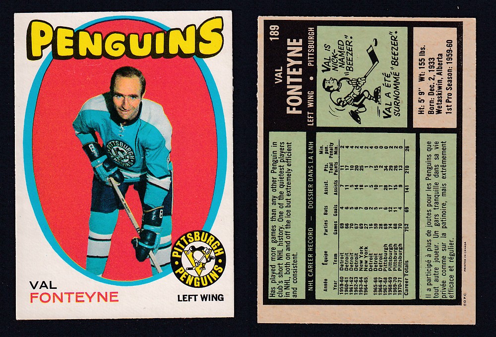 1971-72 O-PEE-CHEE HOCKEY CARD #189 V. FONTEYNE photo 1971-72 O-PEE-CHEE HOCKEY CARD #189 V. FONTEYNE photo