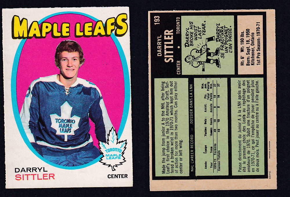 1971-72 O-PEE-CHEE HOCKEY CARD #193 D. SITTLER photo 1971-72 O-PEE-CHEE HOCKEY CARD #193 D. SITTLER photo