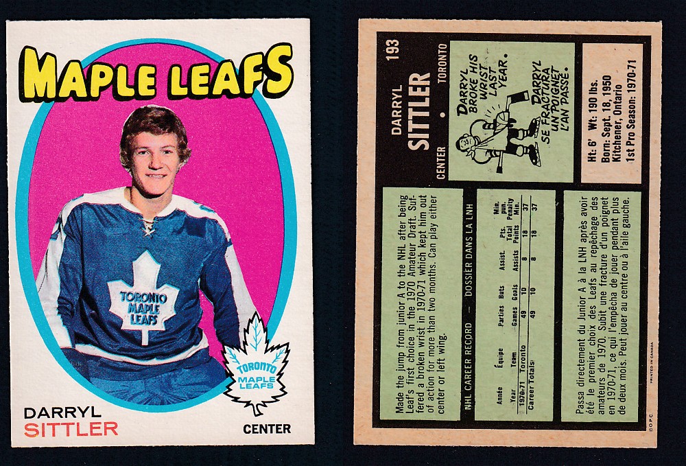 1971-72 O-PEE-CHEE HOCKEY CARD #193 D. SITTLER photo 1971-72 O-PEE-CHEE HOCKEY CARD #193 D. SITTLER photo