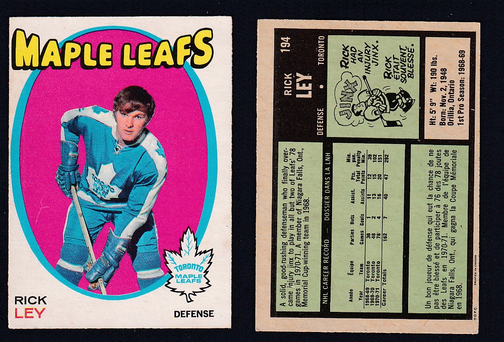 1971-72 O-PEE-CHEE HOCKEY CARD #194 R. LEY photo 1971-72 O-PEE-CHEE HOCKEY CARD #194 R. LEY photo