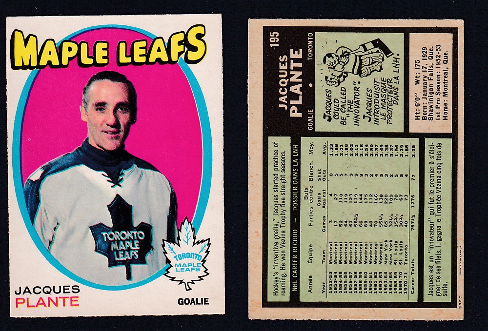 1971-72 O-PEE-CHEE HOCKEY CARD #195 J. PLANTE photo 1971-72 O-PEE-CHEE HOCKEY CARD #195 J. PLANTE photo