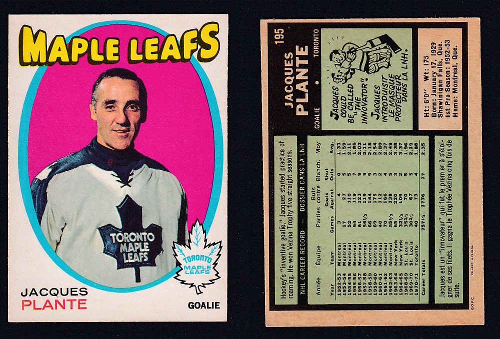 1971-72 O-PEE-CHEE HOCKEY CARD #195 J. PLANTE photo 1971-72 O-PEE-CHEE HOCKEY CARD #195 J. PLANTE photo